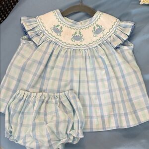Blue Plaid with Crab Smocking Diaper Set